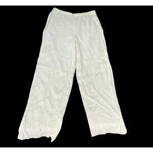 J JILL Women Pants Embroidered 100% Linen Wide Leg Size 8 White Sequence 79-16
